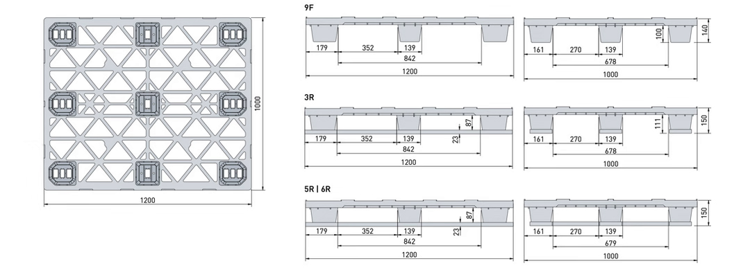 Medidas Palet de Plástico encajable reja 1200 x 1000 x 140 mm
